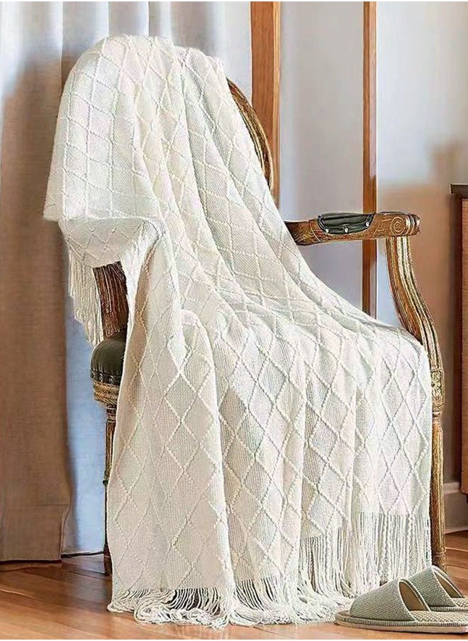 Knitted Tassel Blankets, Super Soft Cozy Lightweight Decorative Throw Blankets for Couch , Bed, Sofa, Outdoor Throw Blanket All Seasons 127x178CM（Beige）