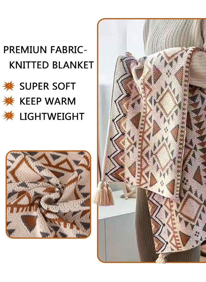 Boho Knitted Throw Blanket with Tassel, Super Soft Cozy Lightweight Decorative Throw Blankets for Couch , Bed, Sofa, Outdoor Throw Blankets All Seasons 130x170CM