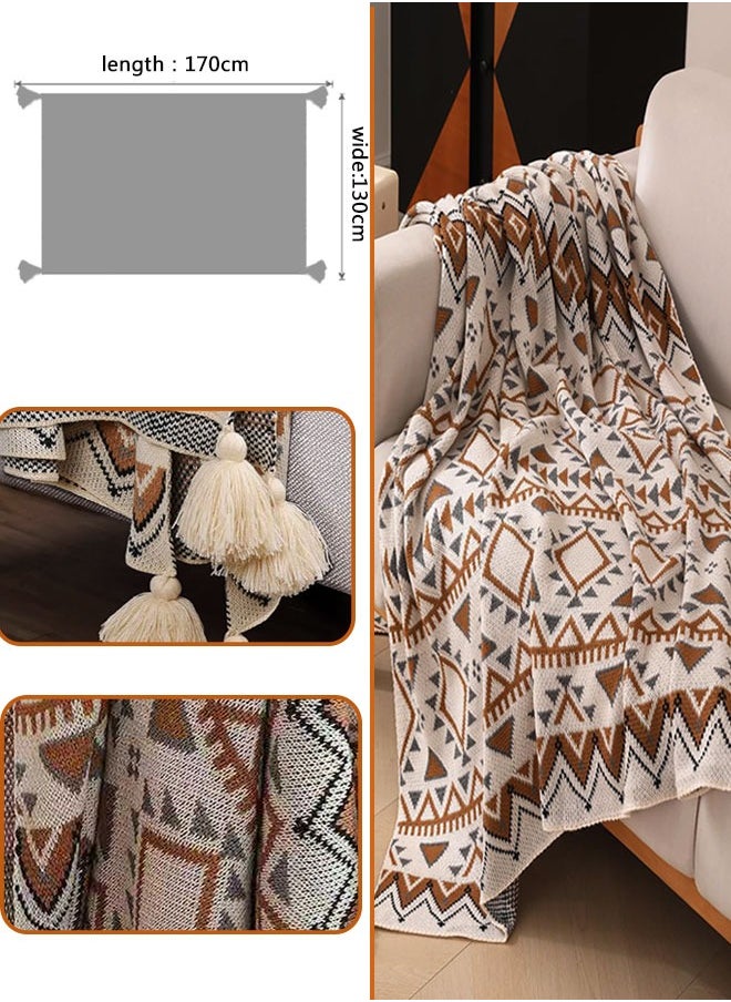 Boho Knitted Throw Blanket with Tassel, Super Soft Cozy Lightweight Decorative Throw Blankets for Couch , Bed, Sofa, Outdoor Throw Blankets All Seasons 130x170CM