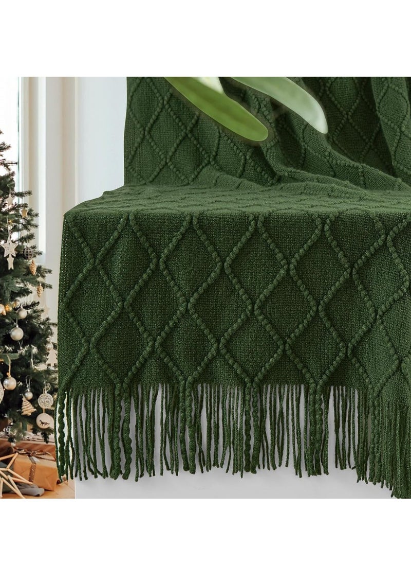 Knitted Throw Blankets For Couch And Bed, Soft Cozy Knit Blanket With Tassel, Dark Green Lightweight Decorative Blankets And Throws, Farmhouse Warm Woven Blanket For Men And Women, 50