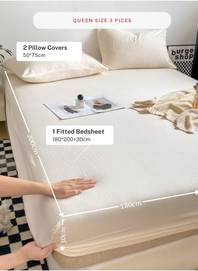 3-Piece Set: queen-size fitted bedsheet and two pillowcases, washable cotton in a milky white color.