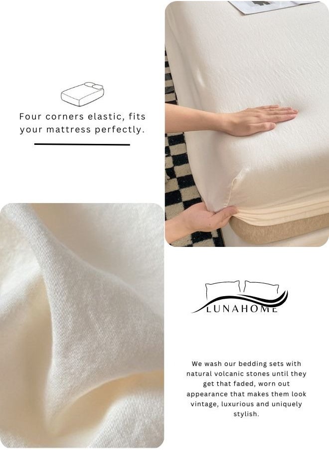 3-Piece Set: queen-size fitted bedsheet and two pillowcases, washable cotton in a milky white color.