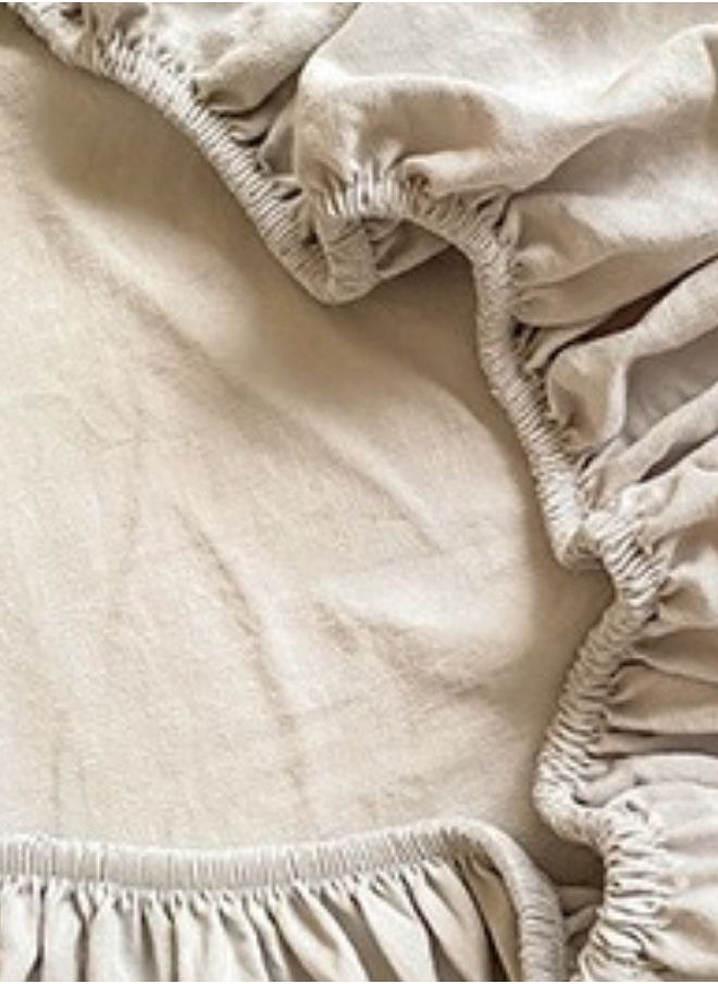 3-Piece Set: queen-size fitted bedsheet and two pillowcases, washable cotton in a milky white color.