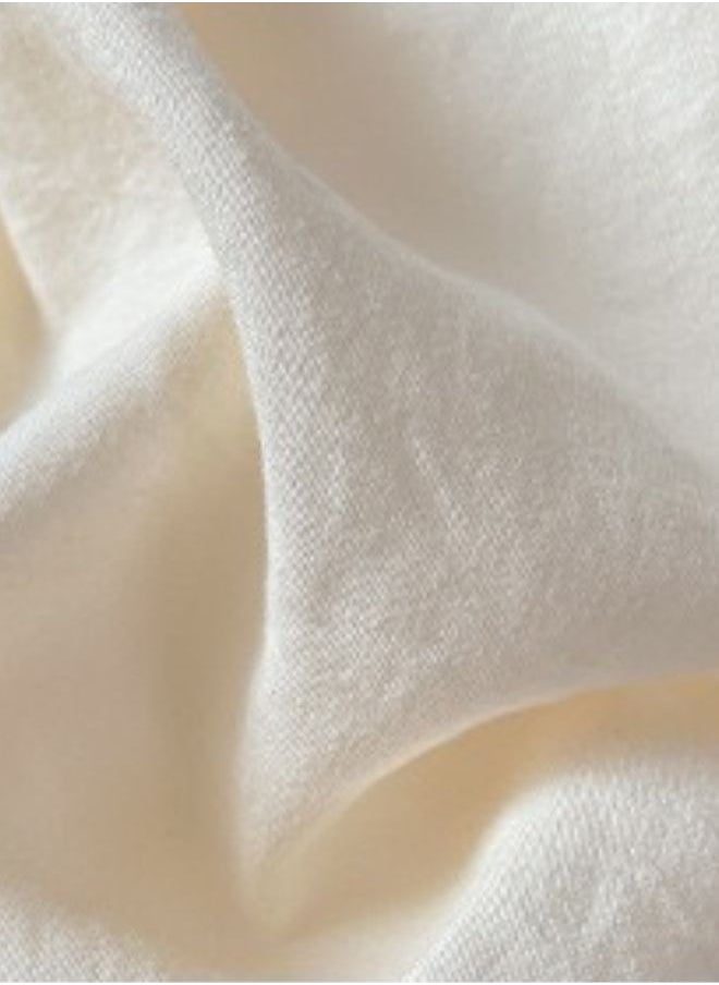 3-Piece Set: queen-size fitted bedsheet and two pillowcases, washable cotton in a milky white color.