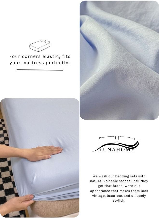 3-Piece Set: queen-size fitted bedsheet and two pillowcases, washable cotton in a light blue color.