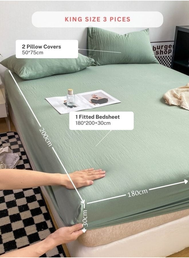 3-Piece Set: Includes a king-size fitted bedsheet and two pillowcases, washable cotton in a light green color.