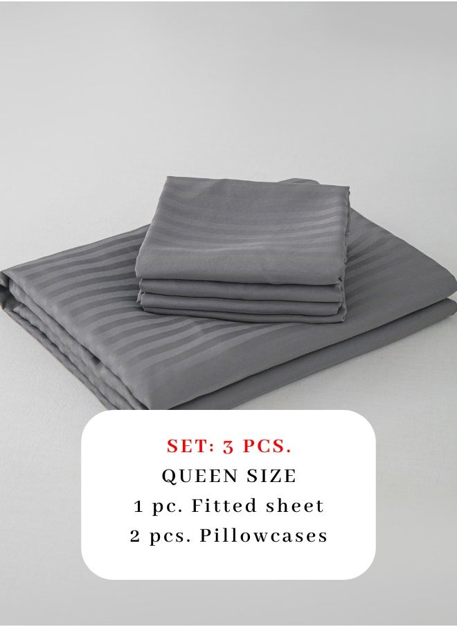 Fitted sheet with elastic corner 160*200 + 30 cm with 2 pillow cases, bedsheet set of 3 piece queen size, dark grey.