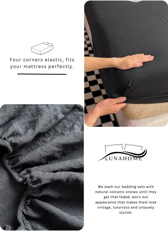 3-Piece Set: queen-size fitted bedsheet and two pillowcases, washable cotton in a black color.