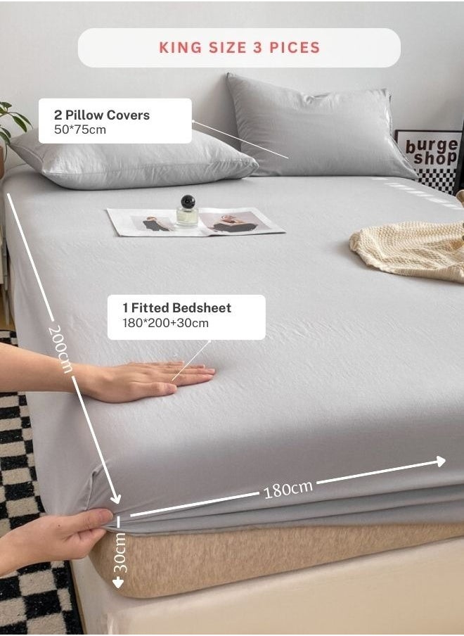 3-Piece Set: king-size fitted bedsheet and two pillowcases, washable cotton in a light grey color.