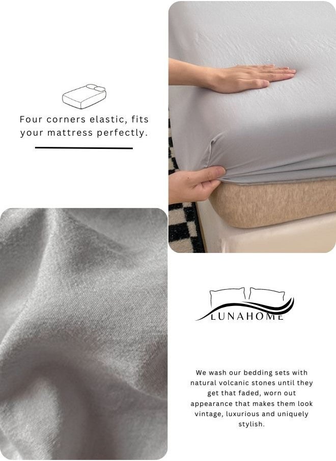 3-Piece Set: queen-size fitted bedsheet and two pillowcases, washable cotton in a light grey color.