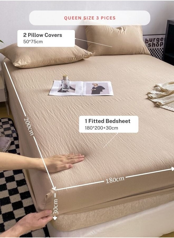 3-Piece Set: queen-size fitted bedsheet and two pillowcases, washable cotton in a beige color.