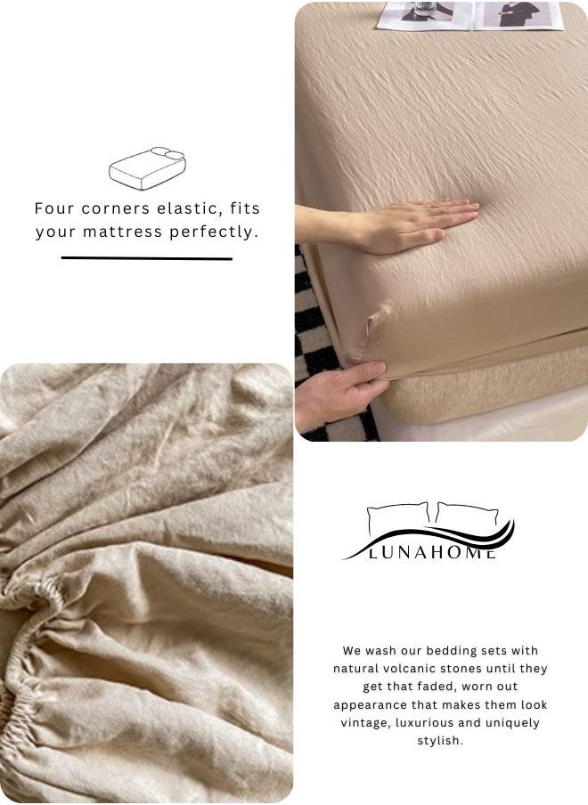 3-Piece Set: queen-size fitted bedsheet and two pillowcases, washable cotton in a beige color.