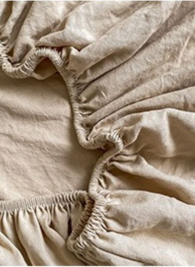 3-Piece Set: queen-size fitted bedsheet and two pillowcases, washable cotton in a beige color.