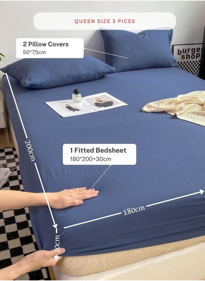 3-Piece Set: queen-size fitted bedsheet and two pillowcases, washable cotton in a Blue color.