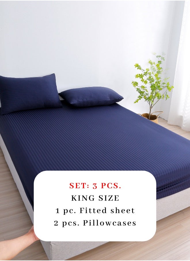 Fitted sheet with elastic corner 180*200+30cm with 2 pillow cases, bedsheet set 0f 3 piece king size, dark blue.