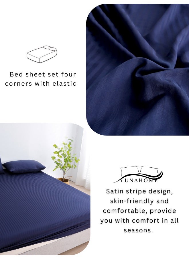 Fitted sheet with elastic corner 180*200+30cm with 2 pillow cases, bedsheet set 0f 3 piece king size, dark blue.