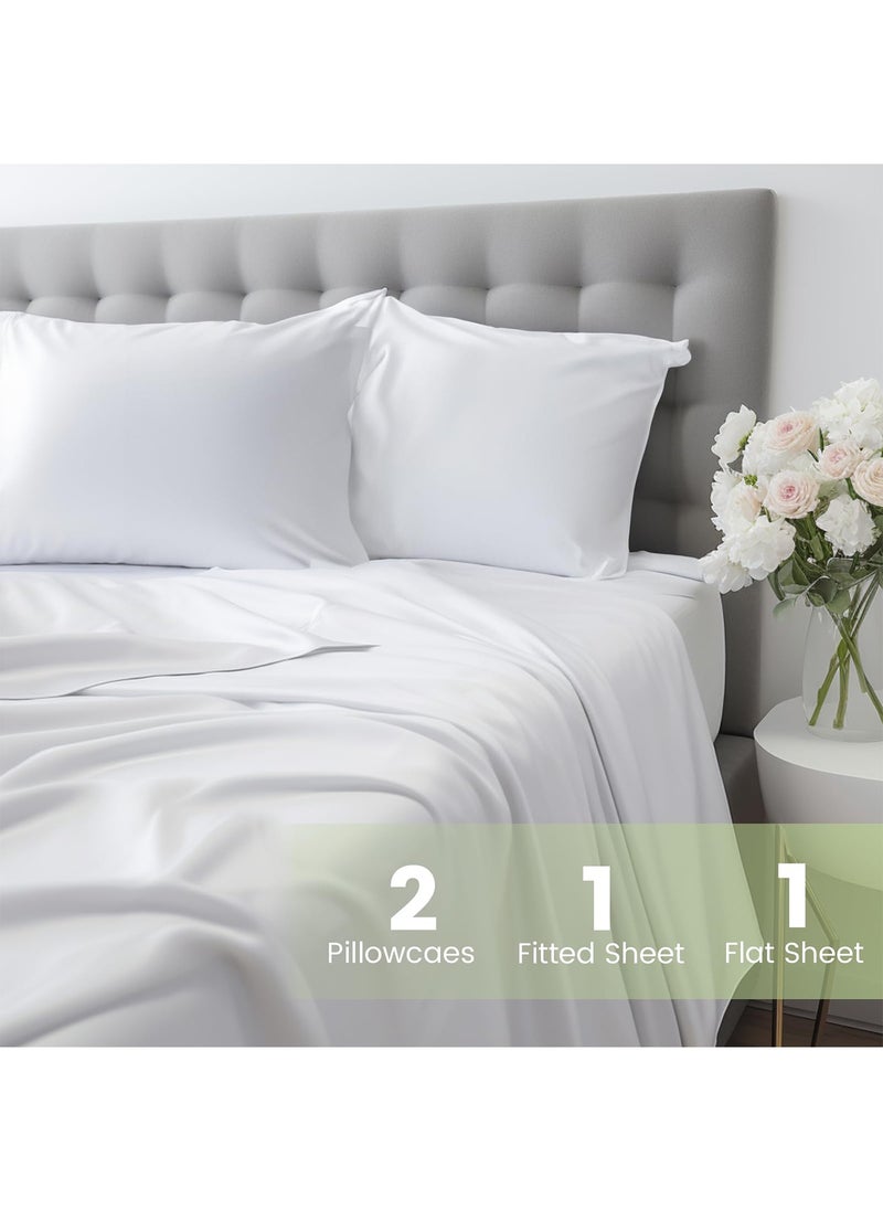 4 Piece Sheet & Pillowcase Sets Full Bedding Set (1 Flat Sheet 1 Fitted Sheet 2 Pillow Cases )Silky Satin white