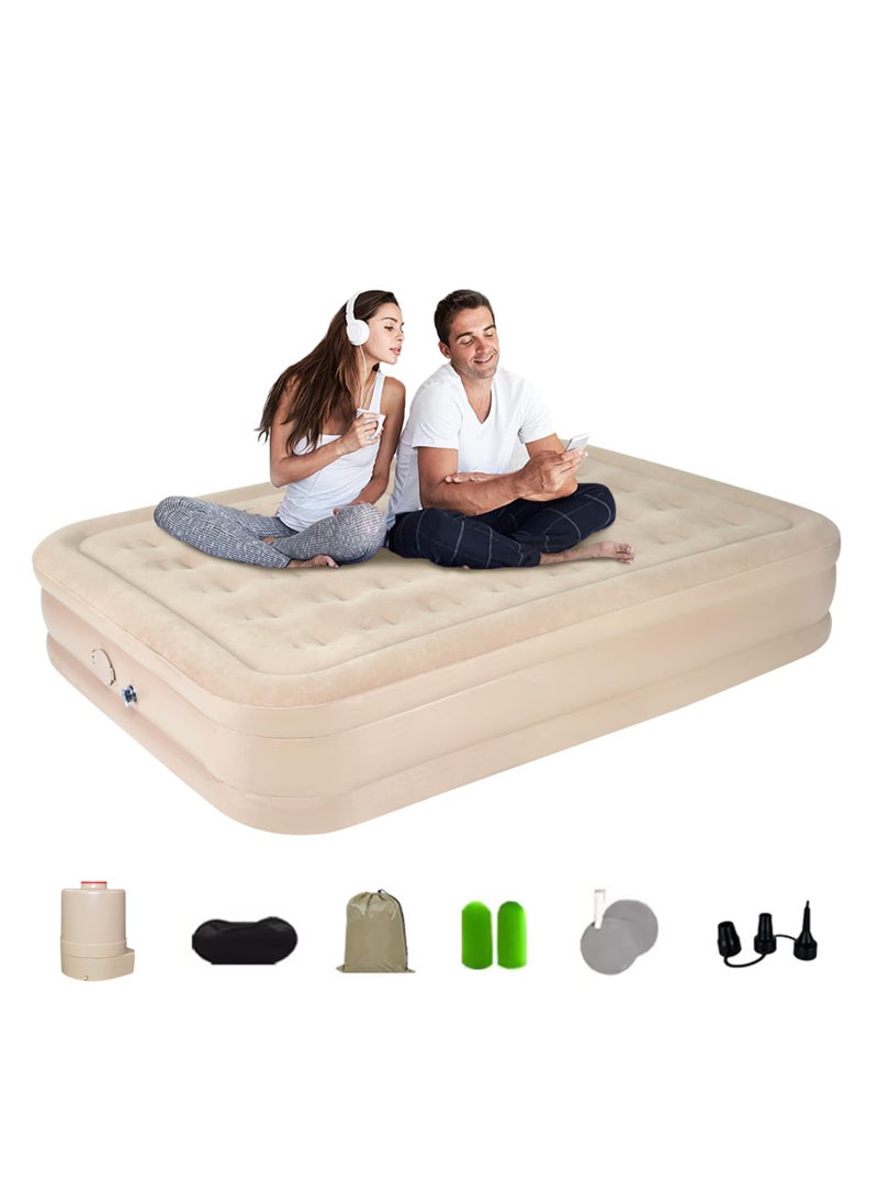 Double Air Bed with Built-in Air Pump, Inflatable Queen Mattress, One-Button Inflate/Deflate, Ultra-Plush Fiber Technology for Home, Travel & Camping, 78 x 56 x 15 Inches - Tan