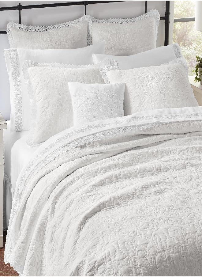 Laura Ashley Home - Heirloom Crochet Collection - Quilt Set - 100% Cotton, Breathable & Lightweight Bedding with Matching Sham, Pre-Washed for Added Softness, Twin, White