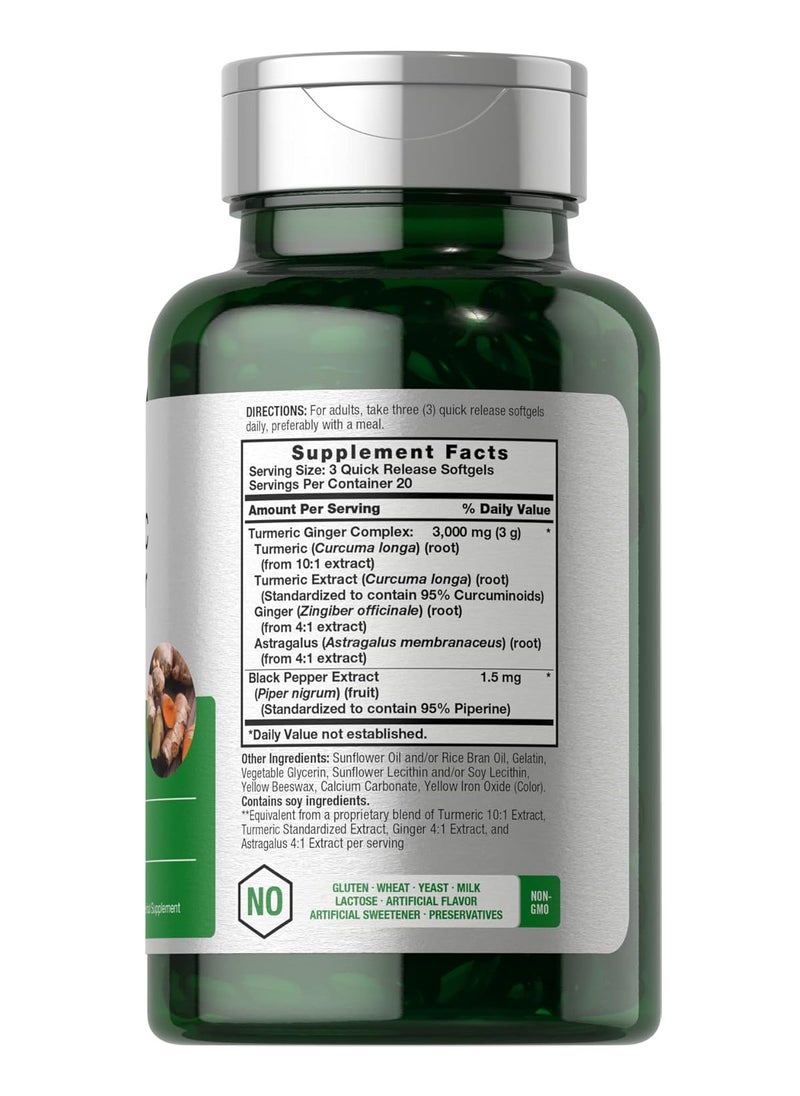 Turmeric and Ginger Supplement 3000 mg | 60 Softgel Capsules | Turmeric Curcumin Complex with Black Pepper Extract | Non-GMO, Gluten Free