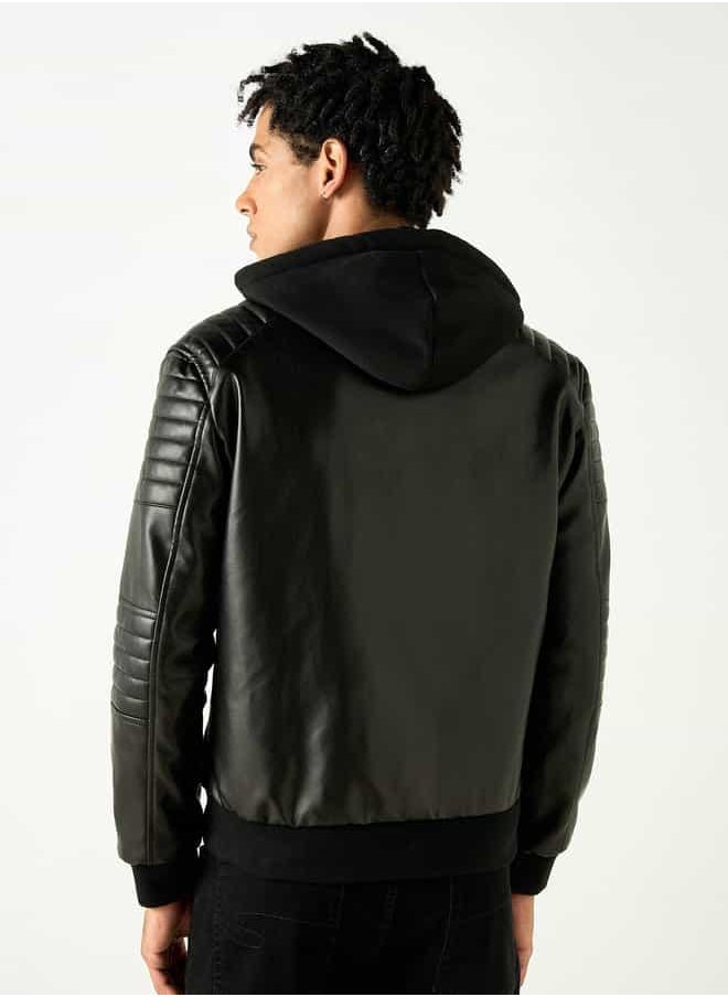 Lee Cooper Solid Zip Through Biker Jacket with Hood and Pockets