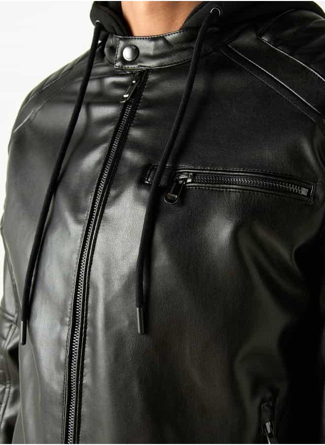 Lee Cooper Solid Zip Through Biker Jacket with Hood and Pockets