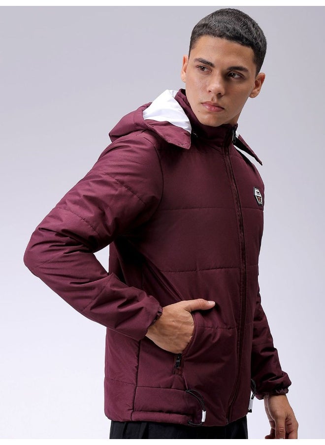 Men Wine Slim Fit Plain Bomber Jacket