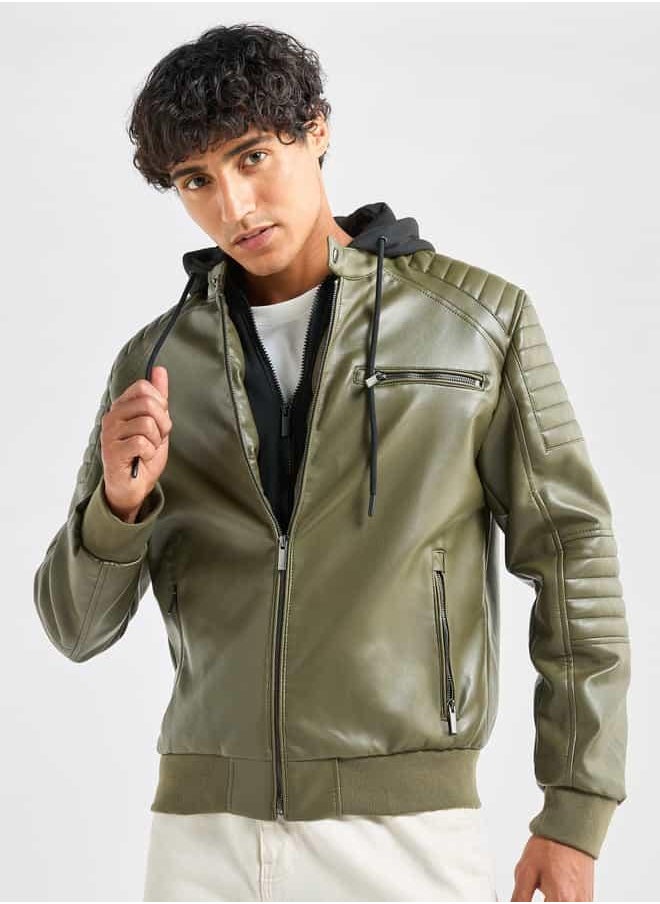 Solid Bomber Jacket with Hood and Zip Closure