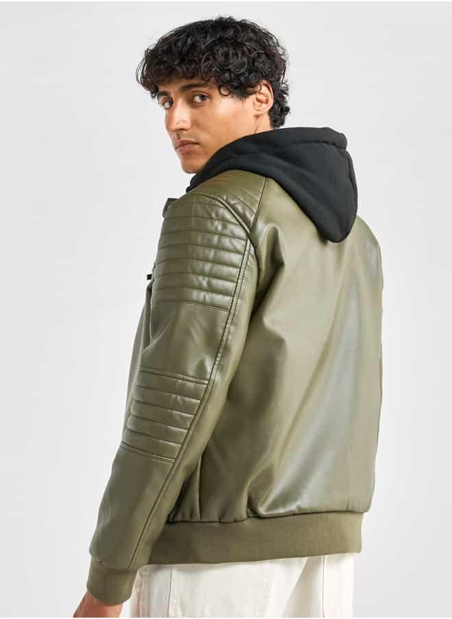 Solid Bomber Jacket with Hood and Zip Closure