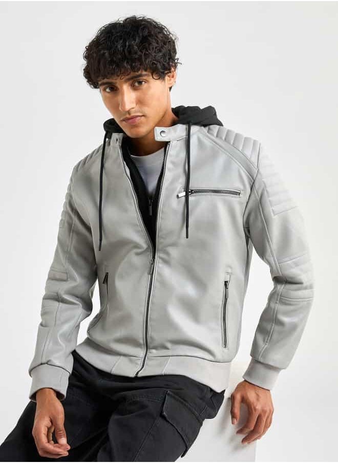 Solid Bomber Jacket with Hood and Zip Closure