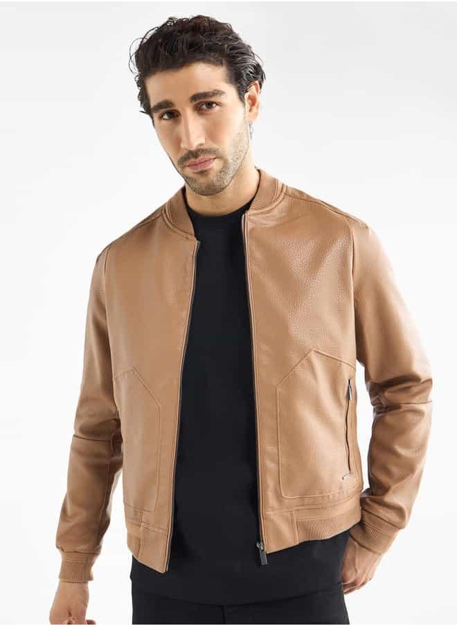 Textured Bomber Jacket with Zip Closure and Pockets