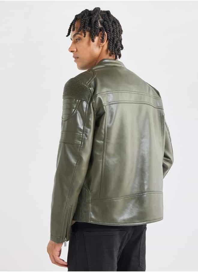 Solid Biker Jacket with Long Sleeves and Pockets