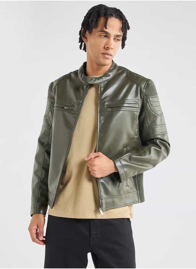 Solid Biker Jacket with Long Sleeves and Pockets