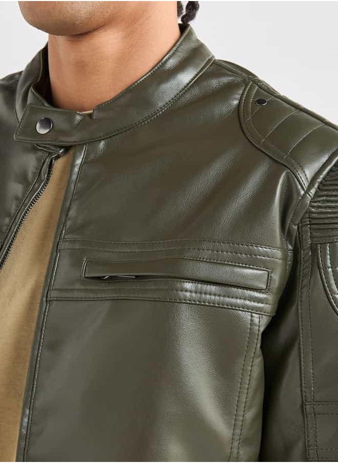 Solid Biker Jacket with Long Sleeves and Pockets