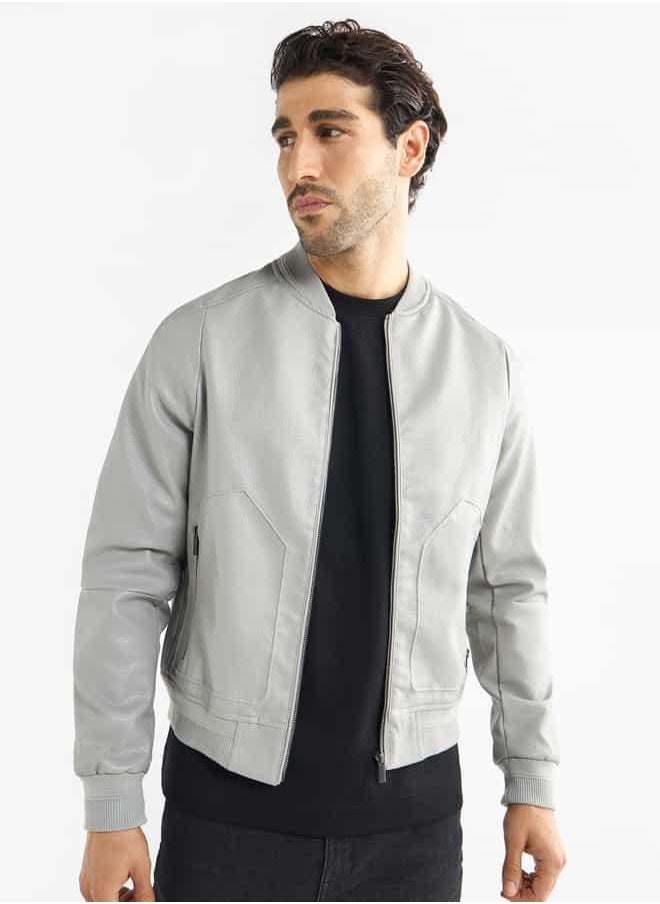 Textured Bomber Jacket with Zip Closure and Pockets