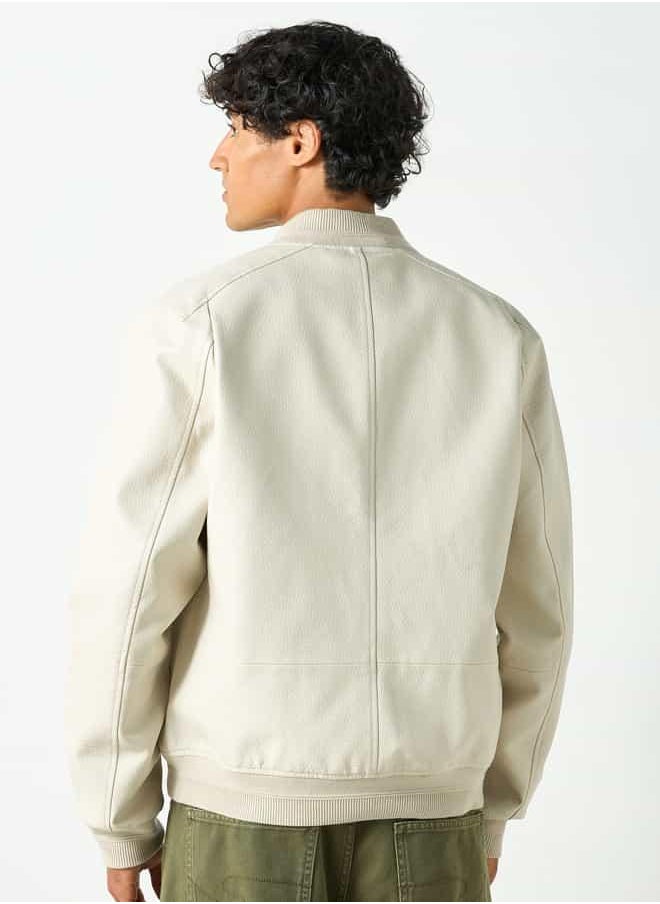 Lee Cooper Textured Bomber Jacket with Zip Closure and Pockets