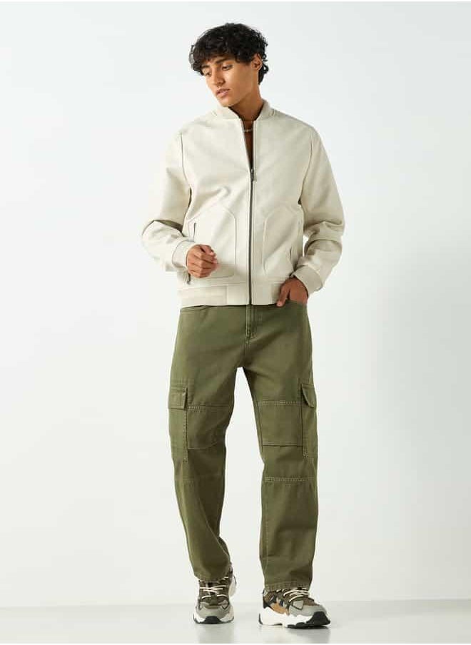 Lee Cooper Textured Bomber Jacket with Zip Closure and Pockets