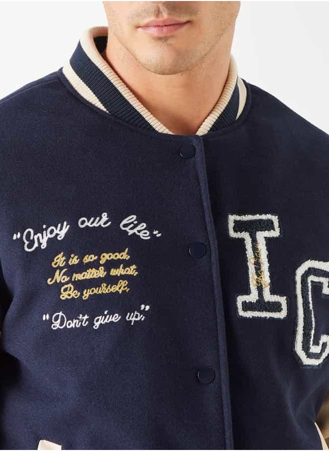 Iconic Printed Varsity Jacket with Snap Button Closure