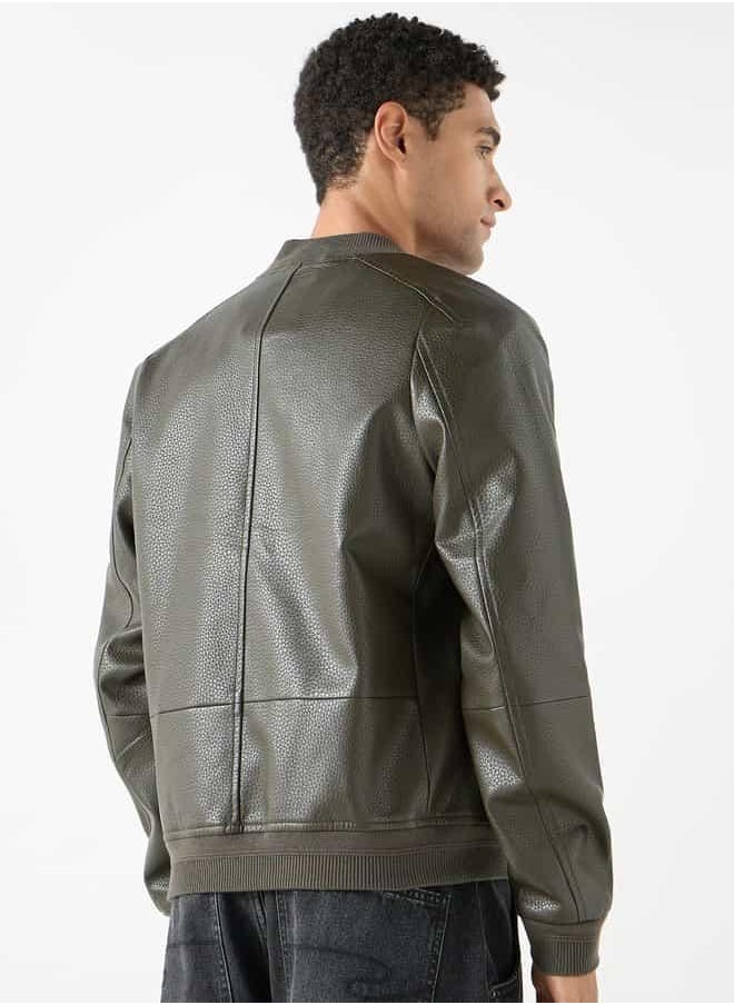 Lee Cooper Textured Bomber Jacket with Zip Closure and Pockets
