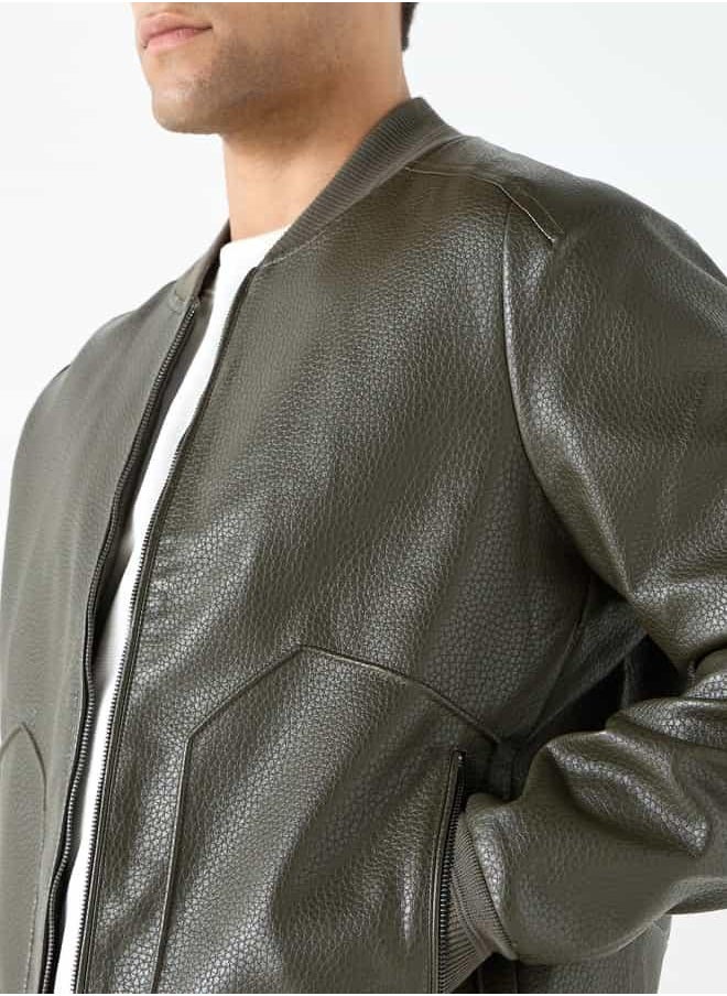 Lee Cooper Textured Bomber Jacket with Zip Closure and Pockets