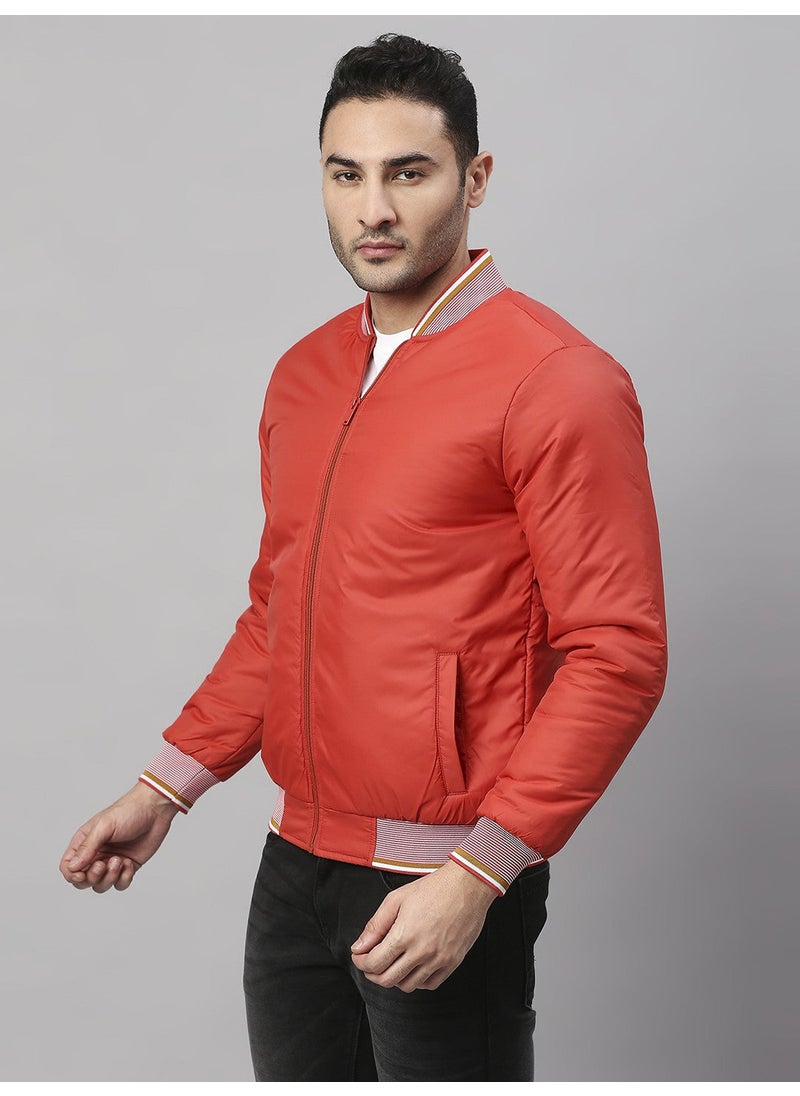 Rust Regular Fit Men's Solid Mock Neck Polyester Jacket with Zipper Closure