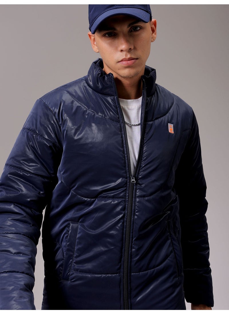 Men Electric Blue Casual Puffer Jacket Slim Fit Quilted Casual Puffer Jacket