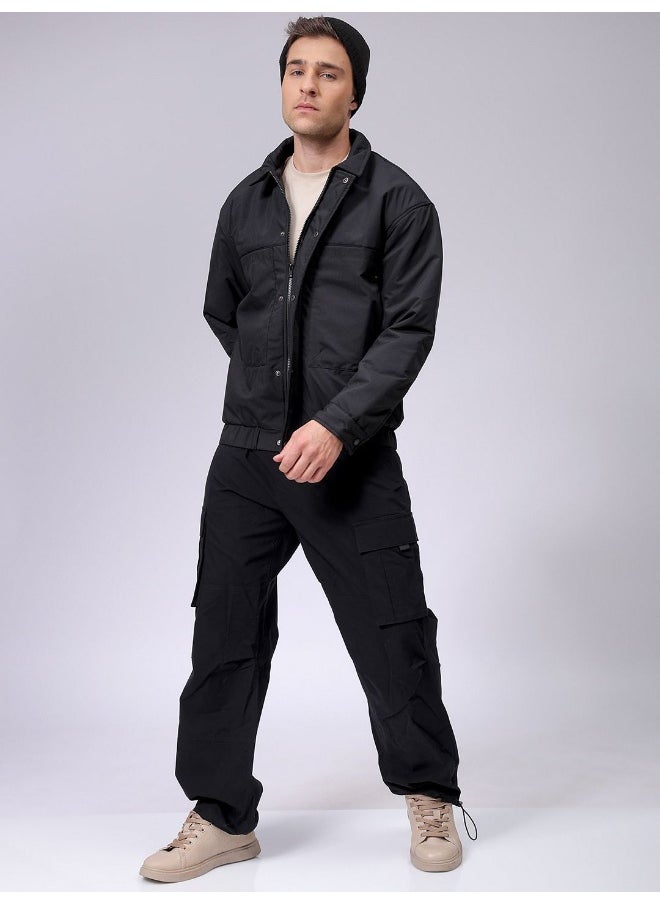 Men Black Slim Fit Plain Bomber Jacket