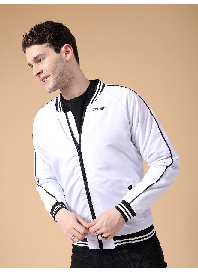 Men White Slim Fit Cut N Sew Bomber Jacket