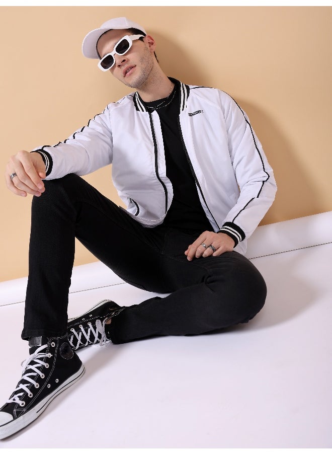 Men White Slim Fit Cut N Sew Bomber Jacket