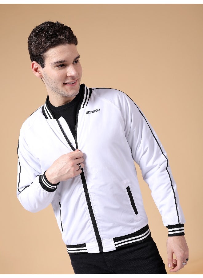 Men White Slim Fit Cut N Sew Bomber Jacket