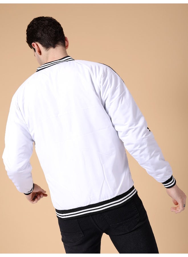 Men White Slim Fit Cut N Sew Bomber Jacket