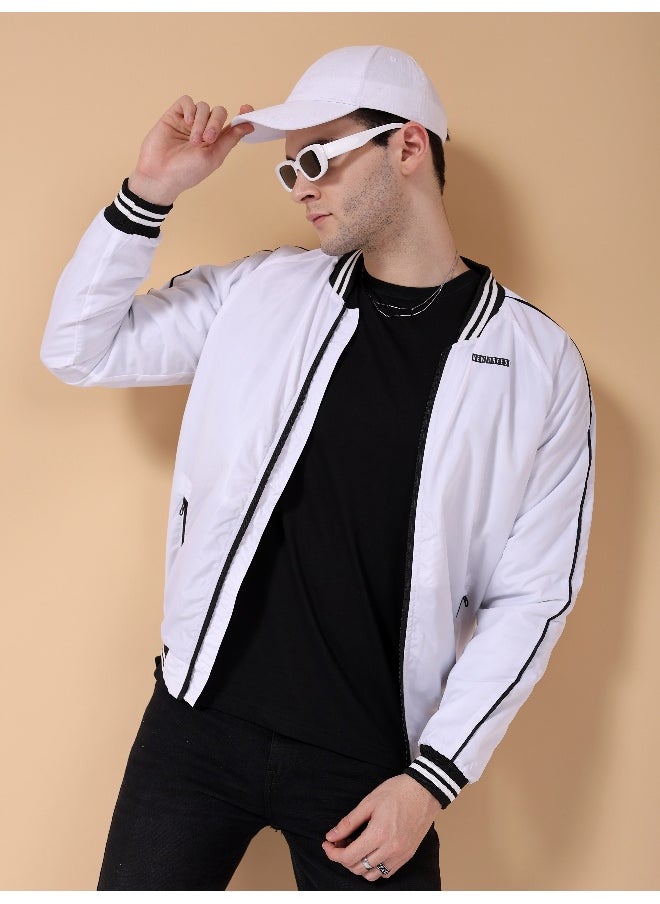 Men White Slim Fit Cut N Sew Bomber Jacket