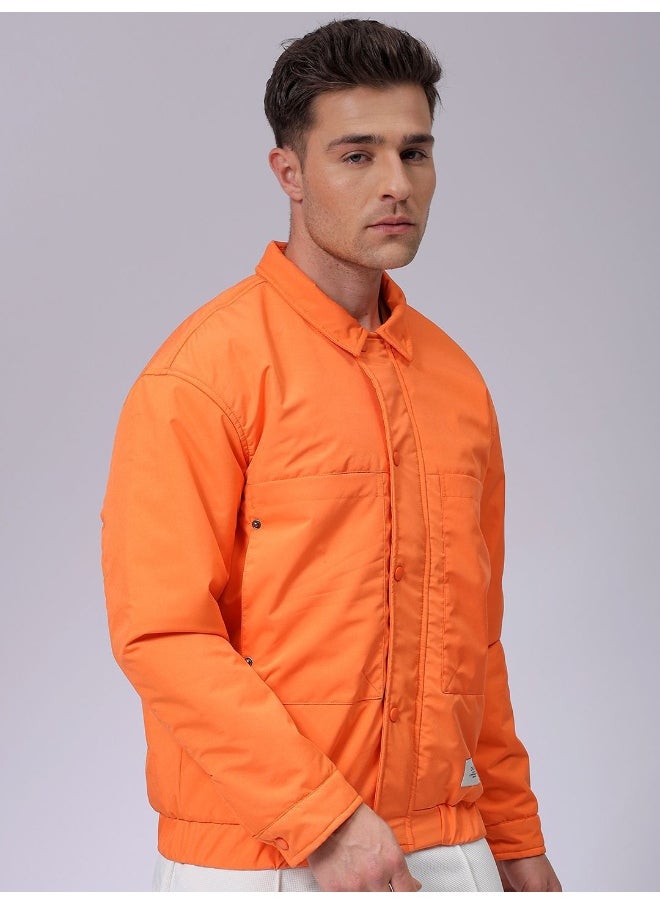 Men Burnt Orange Slim Fit Plain Bomber Jacket