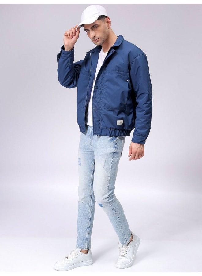 Men Light Blue Slim Fit Plain Bomber Jacket